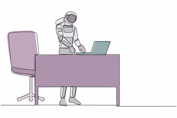 Fototapeta premium Continuous one line drawing of smart young astronaut standing and working behind office desk. Planning for rocket launch project. Cosmonaut outer space. Single line graphic design vector illustration