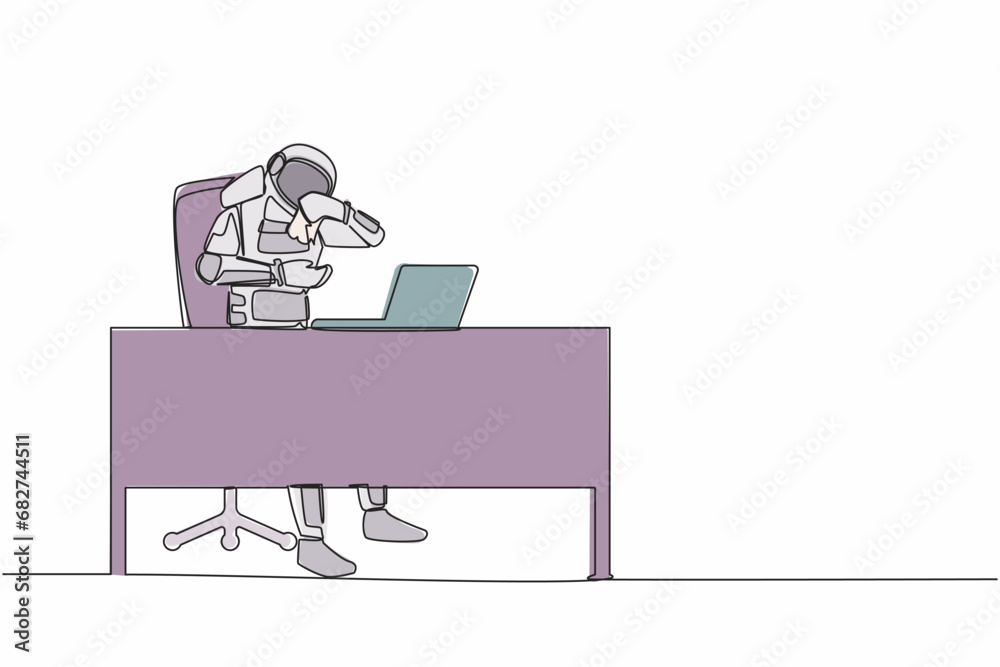 Poster single continuous line drawing astronaut crying while wiping tears using tissue at working desk. fai