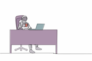 Fototapeta premium Single continuous line drawing astronaut relaxed at desk and drink cup of coffee. Take break after exploring outer space planets. Cosmonaut deep space. One line draw graphic design vector illustration