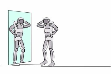 Single one line drawing young astronaut standing with style in front of mirror. Spaceman ready to start galactic journey. Cosmic galaxy space. Continuous line draw graphic design vector illustration
