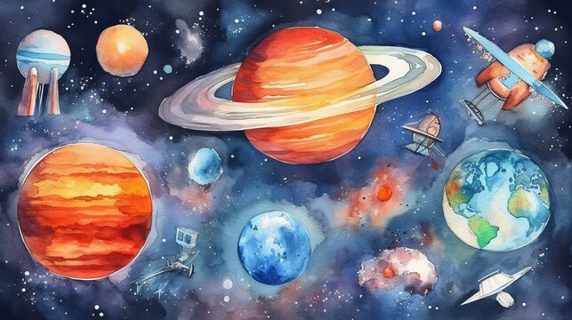 Watercolor illustration of space. Space background with planets, stars and spaceships