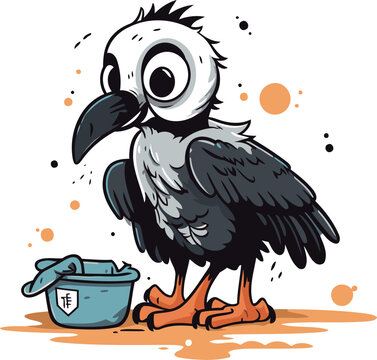 Cute cartoon raven with a bucket of water vector illustration