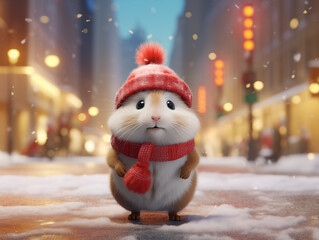 Cute cartoon hamster with Christmas hat and scarf. Standing in the snow with blurred city lights in the background. 