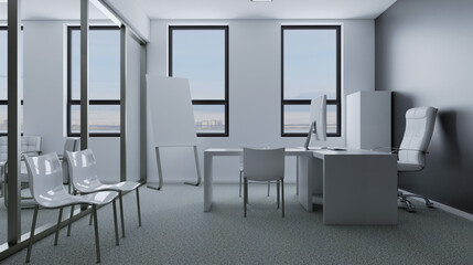 Furniture set with table, chairs and devices. 3D rendering.