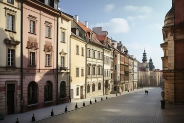 Fototapeta na wymiar Morning street with polish buildings architecture. Old cityscape urban colorful houses. Generate ai