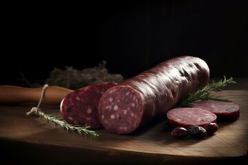 Closeup photo of cut polish sausage on wooden board. Sliced smoked pork salami food. Generate ai - obrazy, fototapety, plakaty