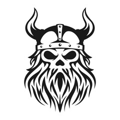 Viking logo design.skull Nordic warrior symbol. Horned Norseman emblem. Barbarian man head icon with horn helmet and beard