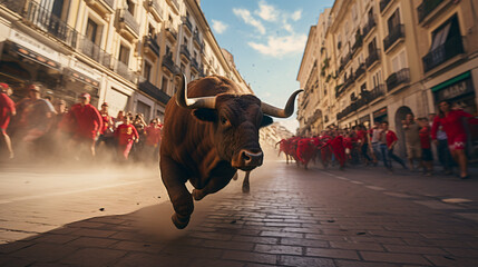 Bulls are running in street during festival in Spain - obrazy, fototapety, plakaty