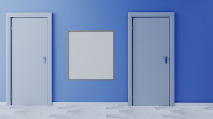 Closed doors in a modern office. 3D rendering. Mockup.   Empty paintings