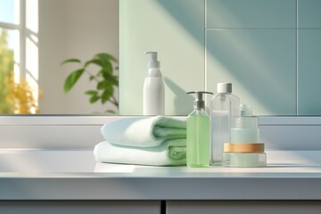 Fototapeta premium Inviting bathroom with a clawfoot bathtub, a wicker basket of fluffy white towels, and a potted plant in the corner. The bathroom has white tile walls and white floors