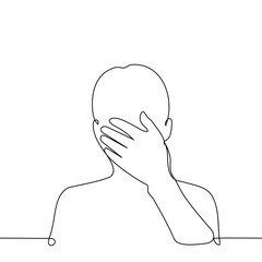 silhouette of a man's portrait with a palm covering his face - one line art vector. concept fatigue, cringe, facepalm, shame