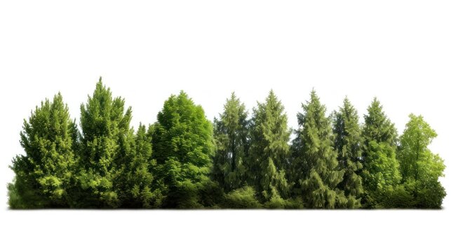 Green trees on a white background, forest and summer foliage, rows of trees and shrubs.