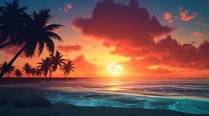 Fototapeta na wymiar Palm beach sunset background Moving wave clouds retro beauty wallpaper