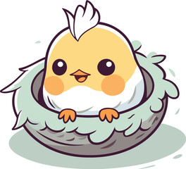 Cute little chicken in the nest vector cartoon character illustration