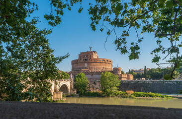 Rome, Italy. View of Castel Sant'Angelo with Ponte Sant'Angelo bridge over the Tiber river. The Mausoleum of Hadrian is one of the popular attractions of the Italian capital.