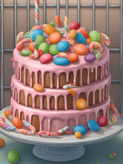 Candy cake in prison.  Sweet egg cake. A fantastic idea for a cake. - obrazy, fototapety, plakaty