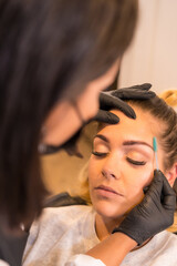 Naklejka premium Hairdresser combing the eyebrows of a client