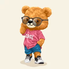 Fotobehang Vector illustration of cute fashionable teddy bear stylish. Original hand drawn concept © Atthur