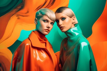 Two women pose in fashion stylish clothing. Extravagant female models wearing orange and green outfits. Generate ai