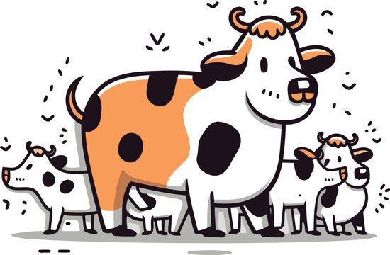 Cute cartoon cow with a herd of cows vector illustration