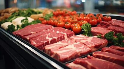 Red raw meat in meat supermarket, Beef, Pork, Diet food.