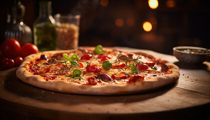 Sumptuous pizza in an Italian restaurant, warm and soft glow of the lights, golden and crispy crust