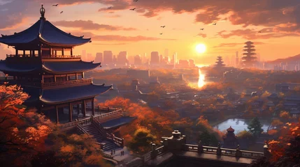 Poster Temple with City Backdrop During the Autumn Sunset © Pretty Panda