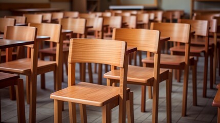 The comfortable wooden chairs in the classroom