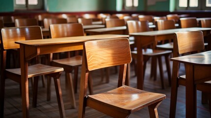 The polished wooden chairs in the classroom