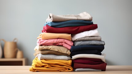 Stack of clean towels on table in laundry room. Space for text