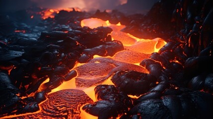 River of molten lava, Molten magma lava flowing from an active volcano.