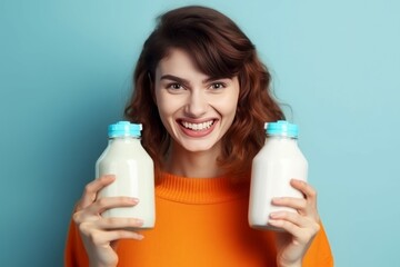 Smiling woman holding two bottles of milk. Happy lady posing with dairy drink on blue background. Generate ai