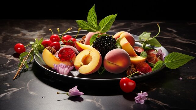 an image of stone fruits as exquisite garnishes on a dessert plate