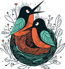 Hand drawn vector illustration of two birds in nest doodle style