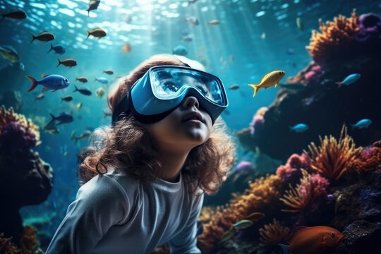 Little girl using VR headset watches underwater life in video game.