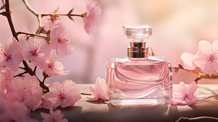 Obraz na płótnie Canvas A elegant glass bottle of perfume with essential oil among the pink blossoms
