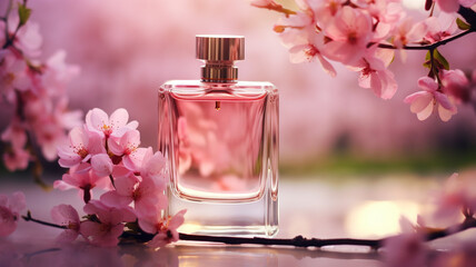 A elegant glass bottle of perfume with essential oil among the pink blossoms