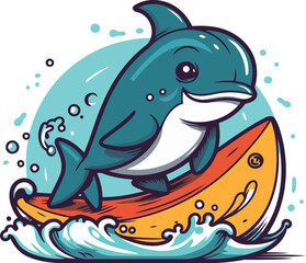 Cute cartoon dolphin on the surfboard vector illustration for your design
