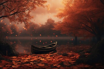 Landscape with boat in lake and orange autumn tree. Atmospheric mood