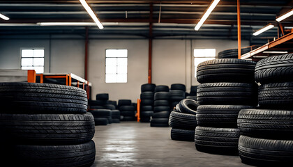 tires stacked in a car repair shop. a pile of tires in a warehouse 