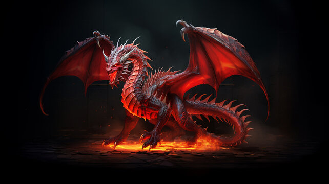 A Large intimidating dragon with fiery red scales