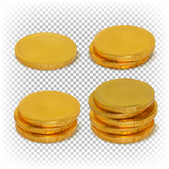 Set of gold vector chocolate coins isolated on a transparent background lying in a stack on the surface.