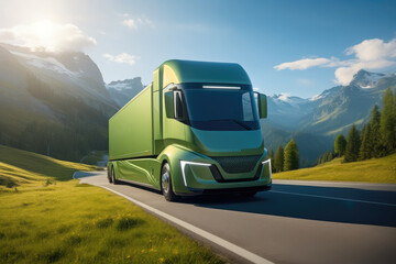 Modern green truck on road, Futuristic electric truck.