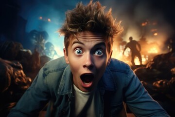 Shocked boy, Excited gamer plays horror video game. - obrazy, fototapety, plakaty