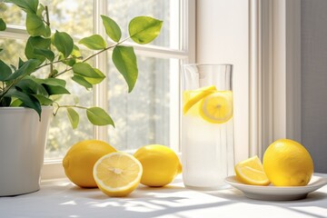 Lemonade with yellow lemons on white light kitchen with window - obrazy, fototapety, plakaty