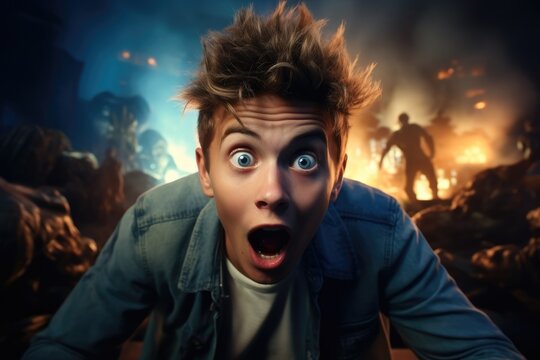 Naklejki Shocked boy, Excited gamer plays horror video game.