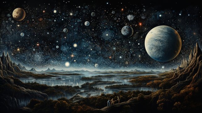 A cosmic world accompanied by its moon, framed by the tapestry of stars