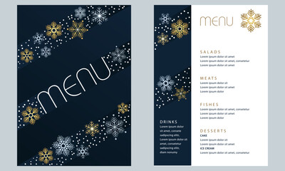 Fototapeta na wymiar Modèle pour un menu de fêtes, décoré de flocons de neige et de cristaux de glace sur un fond bleu nuit. 