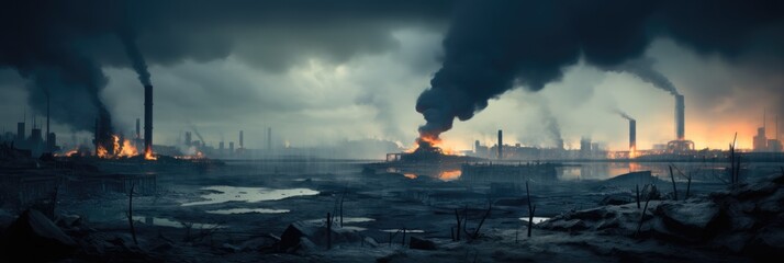 Polluted ground and factory pipes emitting smoke, Creating greenhouse effect. - obrazy, fototapety, plakaty