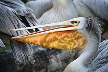 Detail of Pelican (Pelecanus) beak and head. Prague Zoo, Czech republic. 